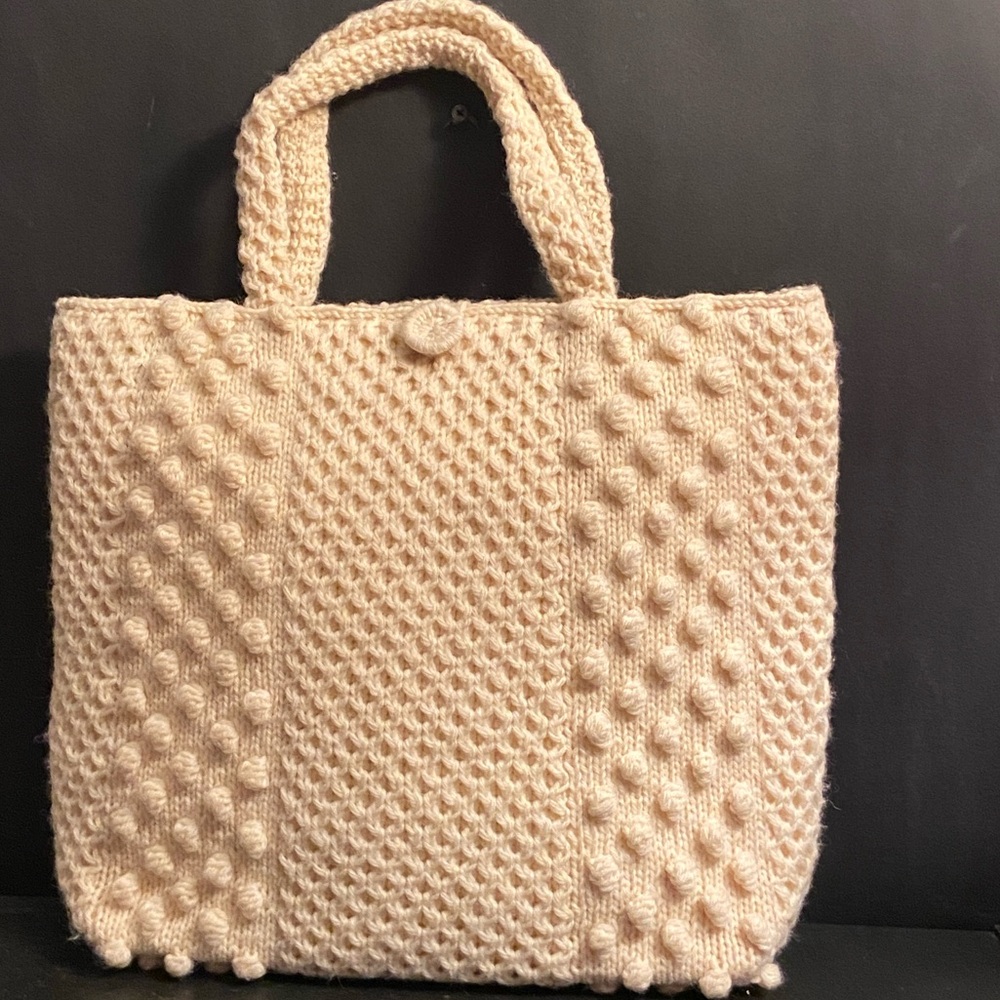 Handknit Cream Wool Aran Bubbles Irish Sweater Style Large Tote Bag
